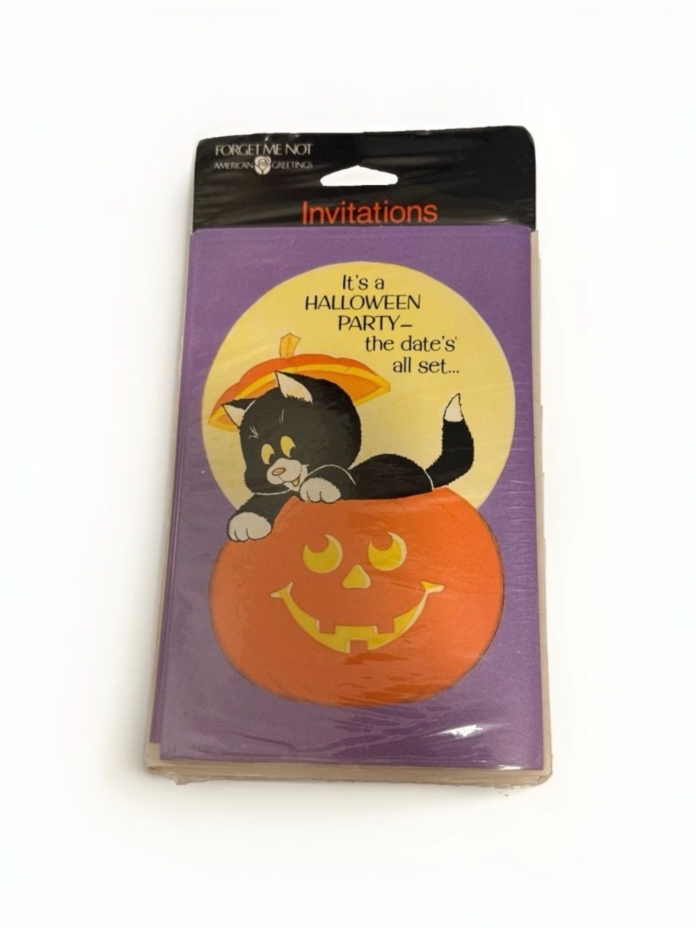 Vintage Forget Me Not Halloween Cat & Jack-o'-Lantern Invitations - Purple